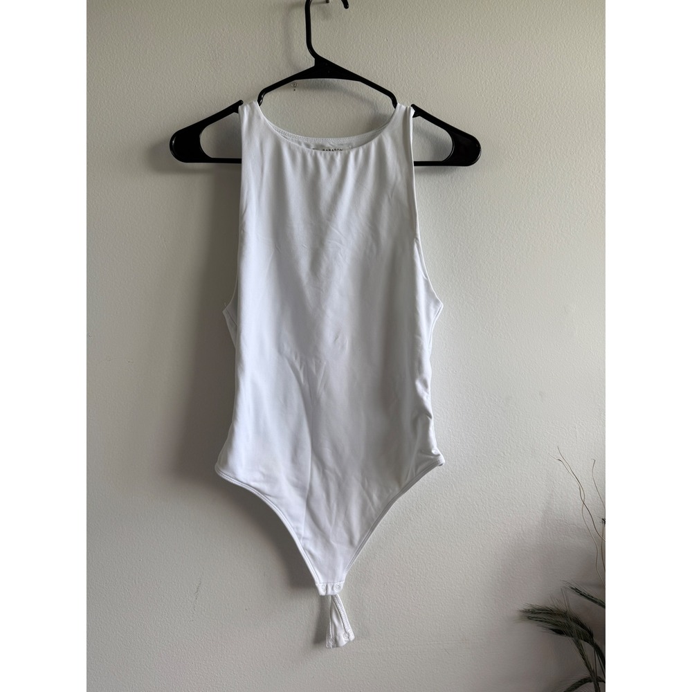 Babaton Aritzia White Racerback High Neck Thong Bodysuit Size M Sleeveless Slim